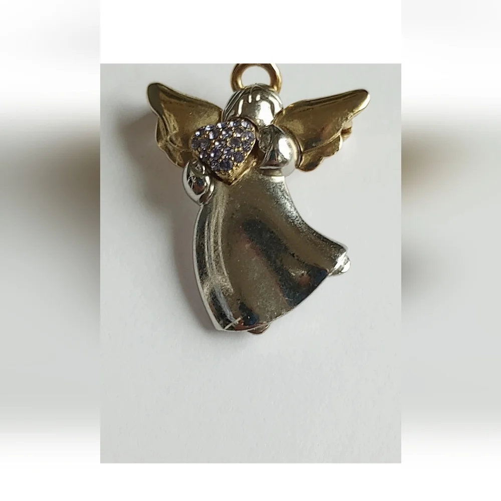 Vtg Signed LC Liz Claiborne Two Toned Angel Holding Purple Crystal Heart Brooch - Picture 3 of 11